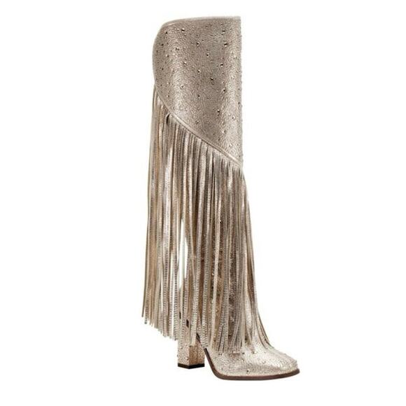 Jessica Simpson Asire2 Champagne Fringed Western Heeled Rhinestone Boots Size 7 - Picture 7 of 9